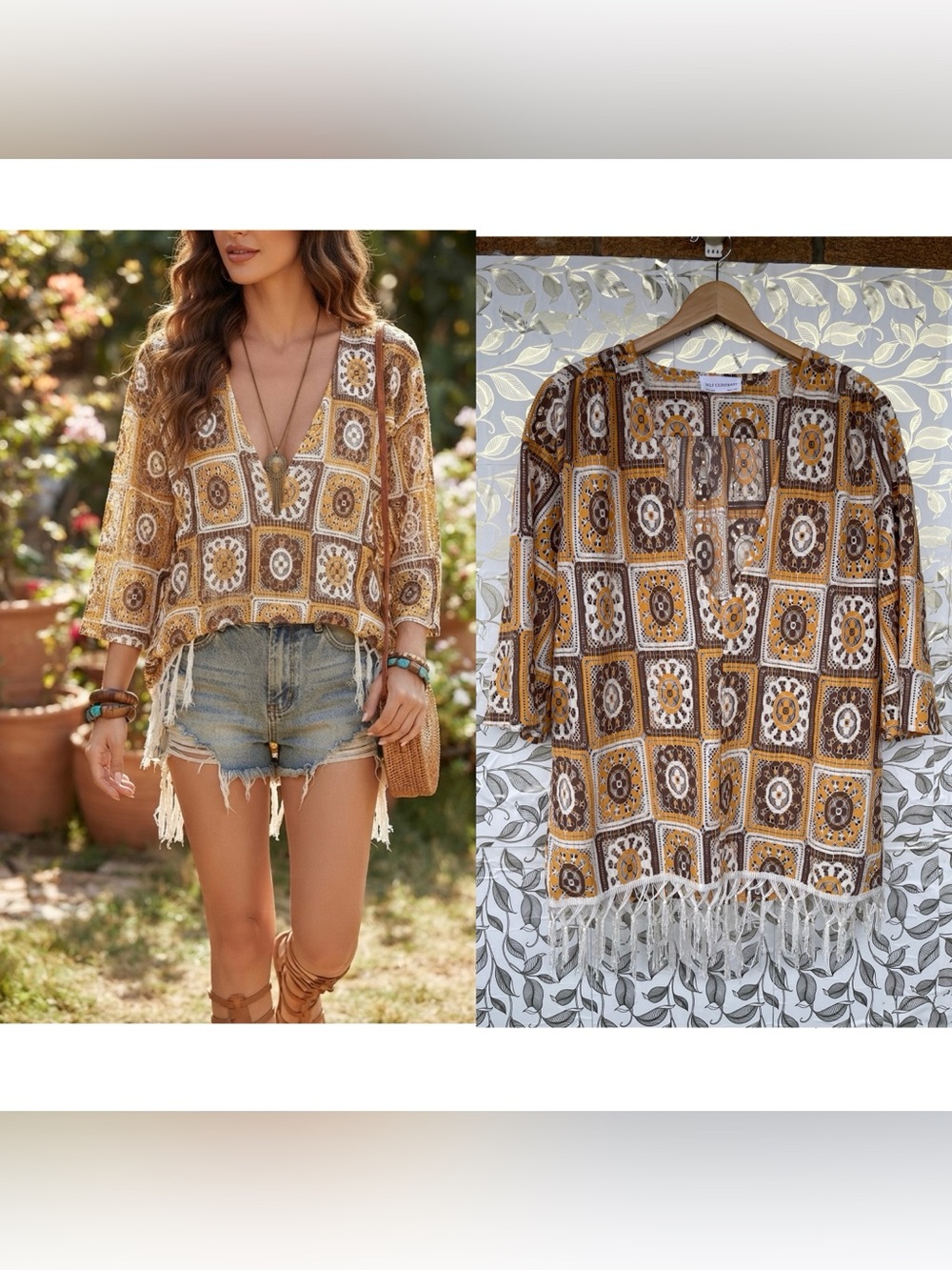 Self Contrast Hippie Boho Fringe Lace Blouse Tunic Retro 70s Style L